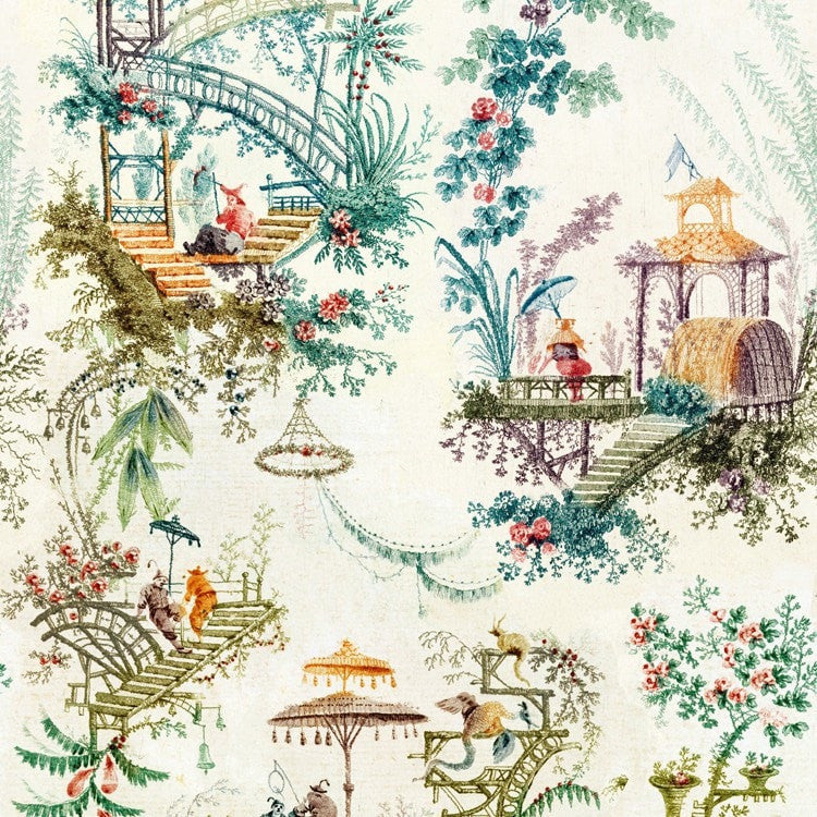 Scenic, Florals, and Ancient Pagodas are jut a few of the ornamental details to be found in this rich Chinoiserie collection of luxury wallpapers and fabrics.