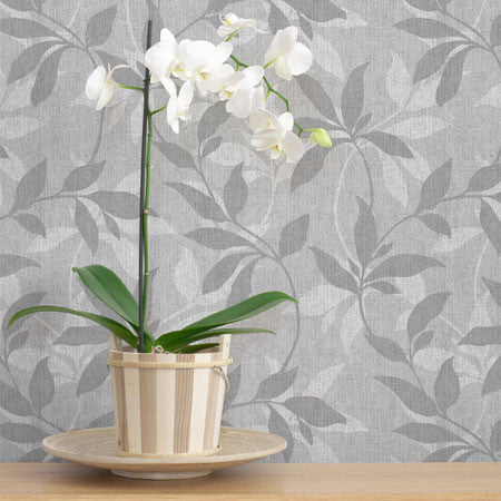 Leafy Denim Scroll Grey White - DebbieMcKeegan - Wallpaper - 1
