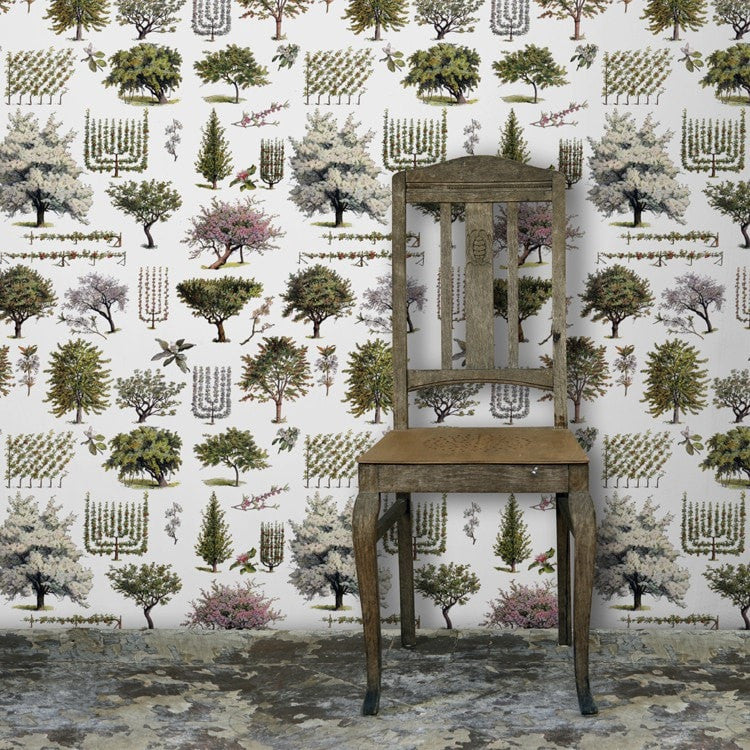 A pretty Vintage inspired orchard wallpaper and fabric, finely detailed and drawn in the Botanical style.